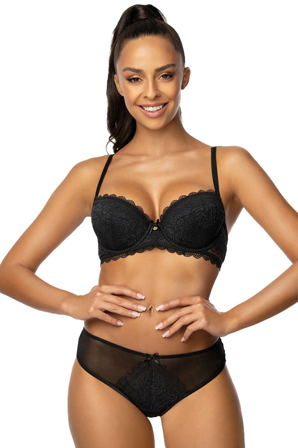 Soutien-gorge push-up dentelle florale noire ajusté femmes bonnets rembourrés bretelles réglables fermeture dos crochets dorés