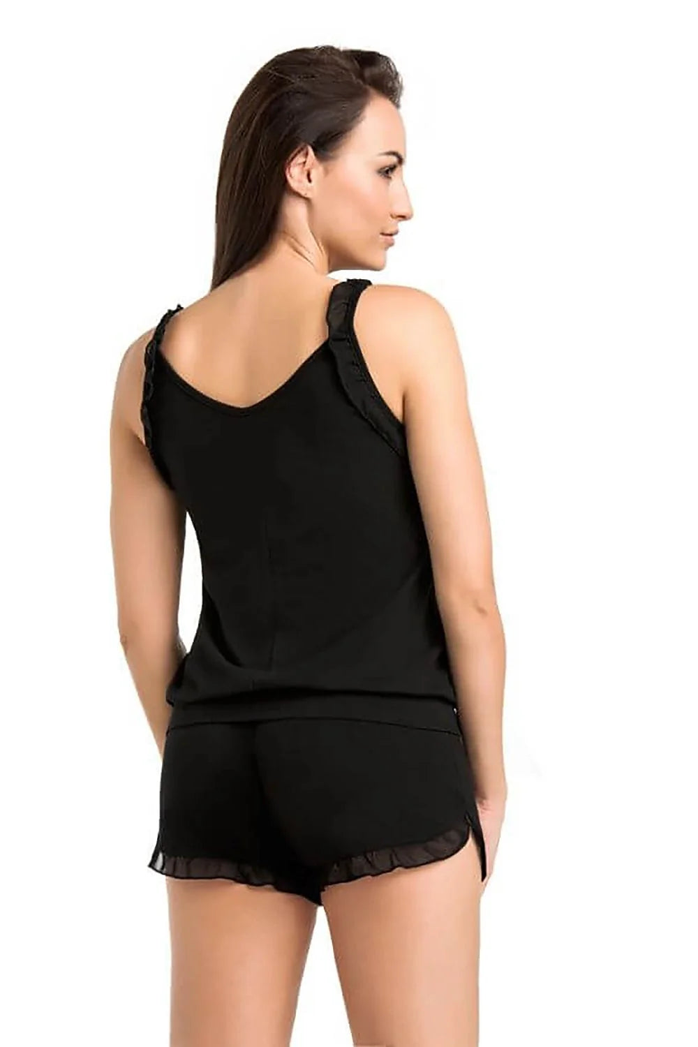 pyjama femme viscose noir ajusté volants débardeur bretelles larges encolure ronde short taille élastique coupe courte ourlets volantés extensible confortable