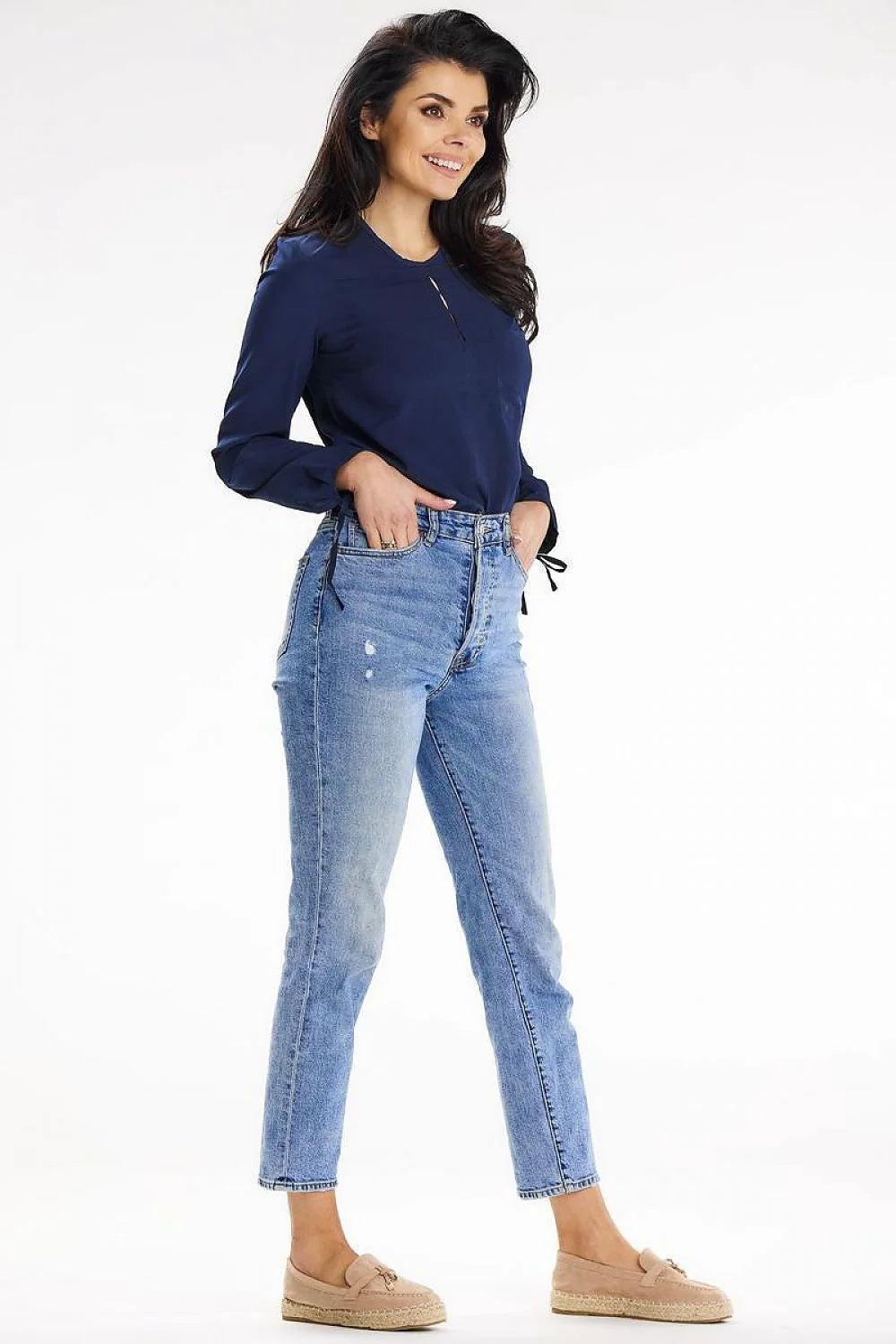 Chemisier femme élégant manches longues nouées col rond poche poitrine polyester élasthanne bleu marine taille ajustable occasion bureau soirée