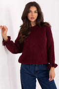 pull femme bordeaux maille épaisse col rond coupe droite longueur hanche manches ballon poignets volantés texture duveteuse bouclée chaud cosy