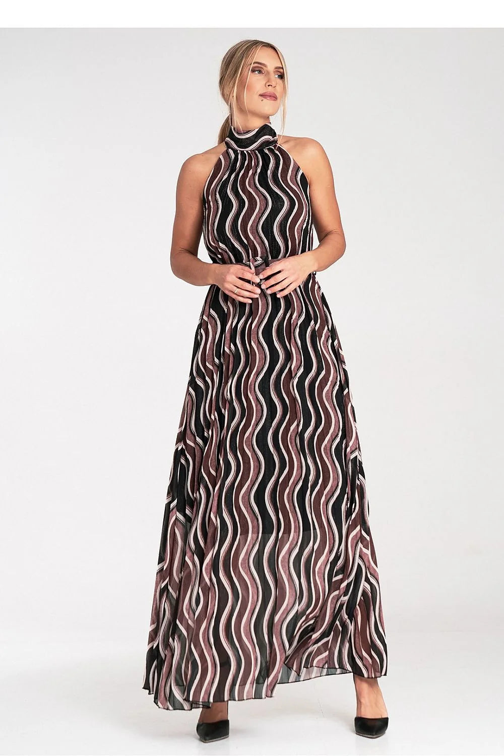 Robe de soirée élégante longue sans manches en polyester et élasthanne avec ceinture et motifs vagues verticaux