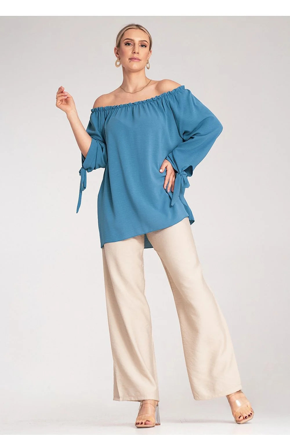 Chemisier femme style espagnol épaules dénudées manches nouées décolleté plissé bleu clair polyester élasthanne taille universelle