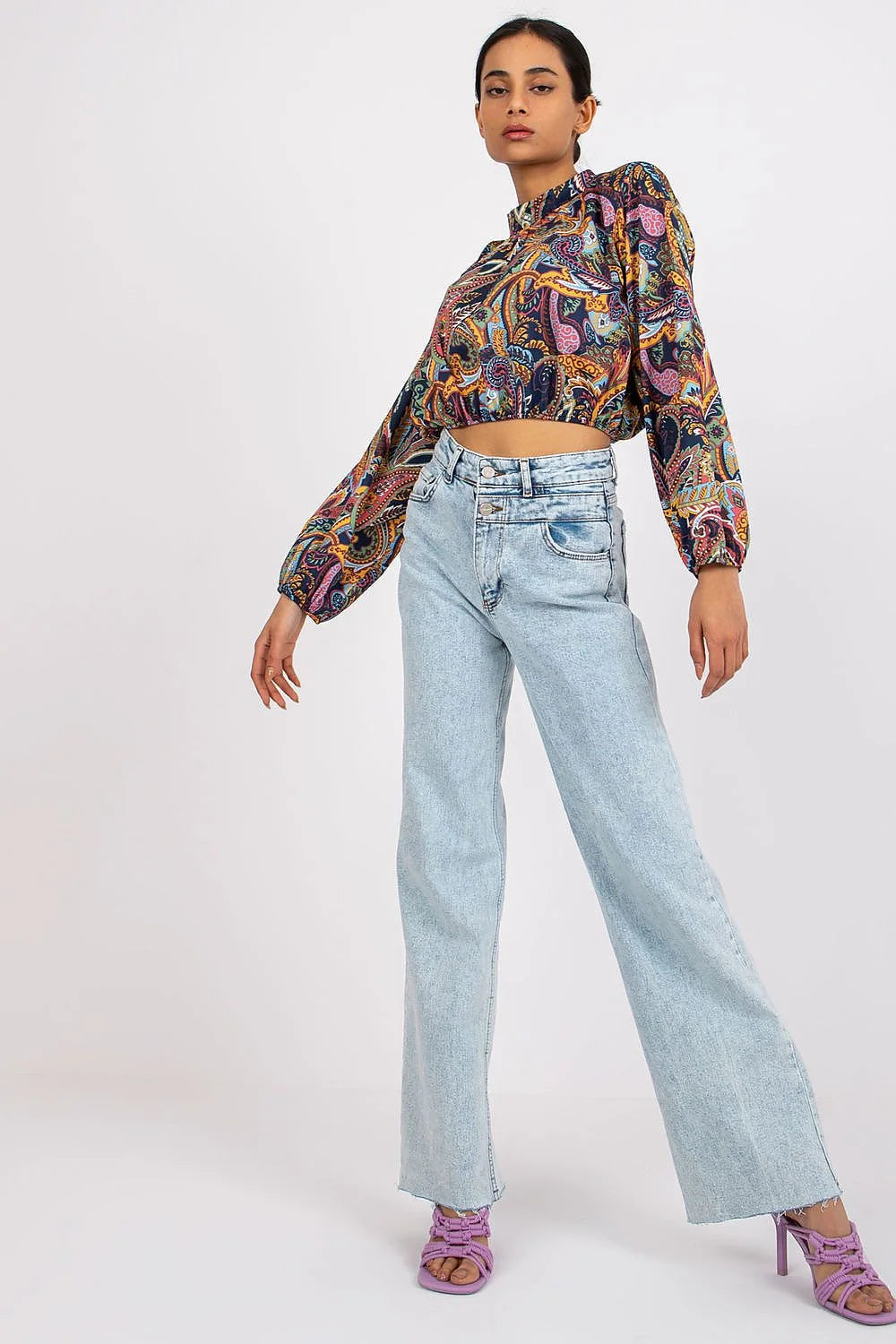 Chemisier féminin bohème multicolore manches longues col montant élasthanne polyester Italy Moda occasion quotidienne