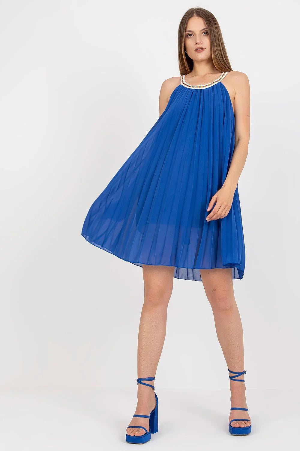Robe d'été sans manches style bohème chic en polyester et viscose plissée brodée rose vif femme