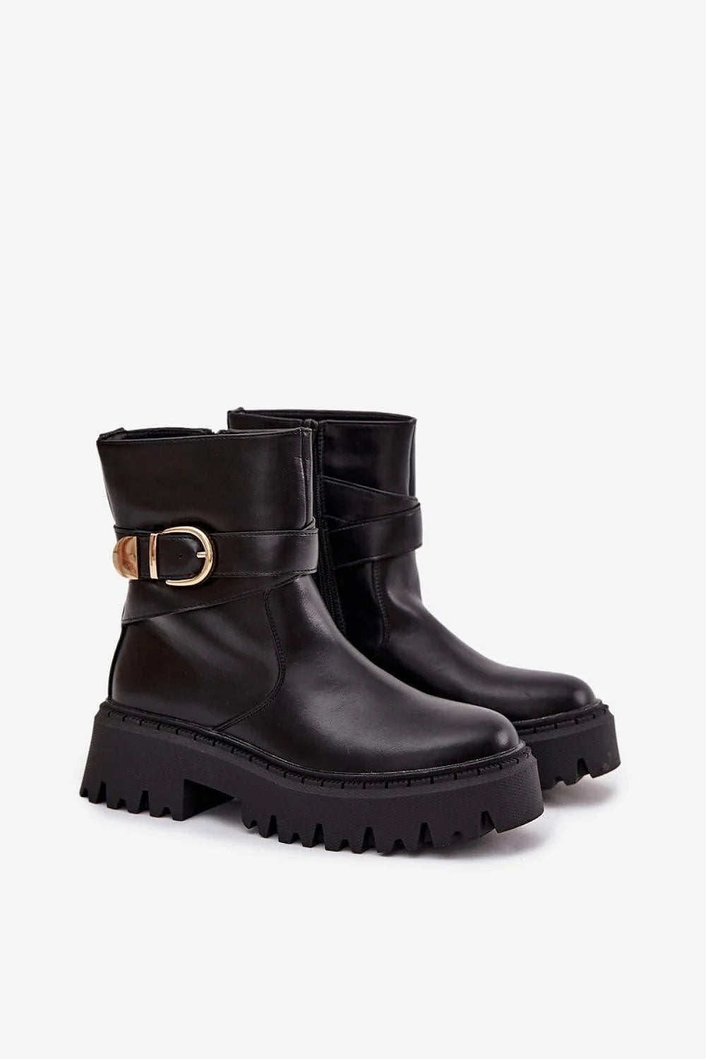 bottes femme cuir écologique plateforme talon plat confortable doublure fermeture éclair sangle boucle dorée motard semelle crantée antidérapante