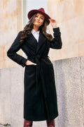 Manteau élégant pour femme long coupe droite laine noire automne-hiver ceinture poches envers large