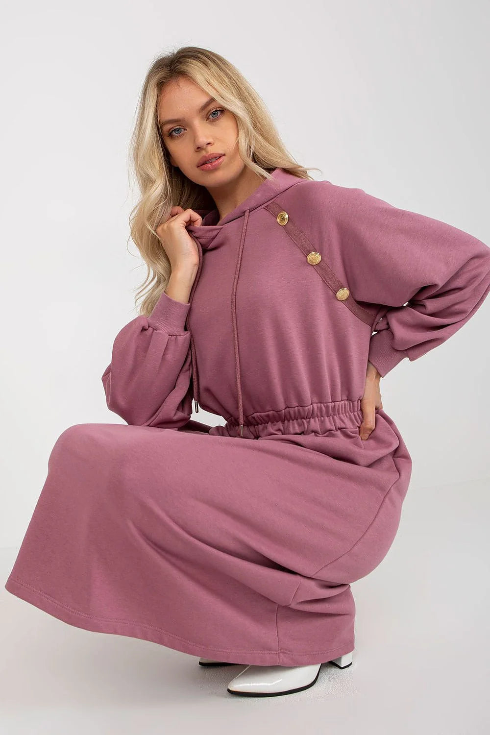 Robe de jour Relevance en coton et elasthanne, manches longues, capuche, boutons decoratifs, couleur verte, style casual, pour femme