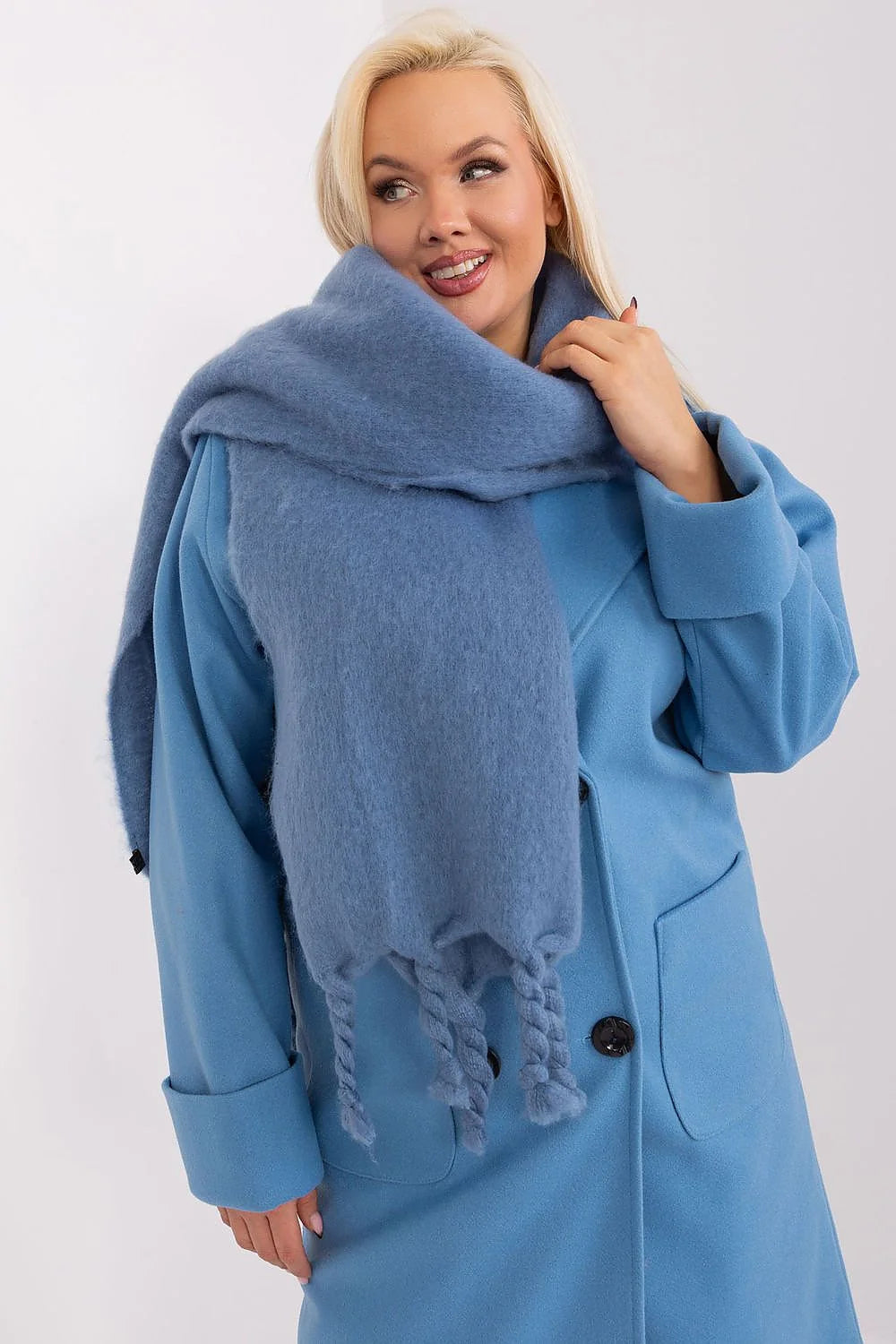 Ensemble veste écharpe design mode femme coupe droite ample laine mélange bleu ciel doux