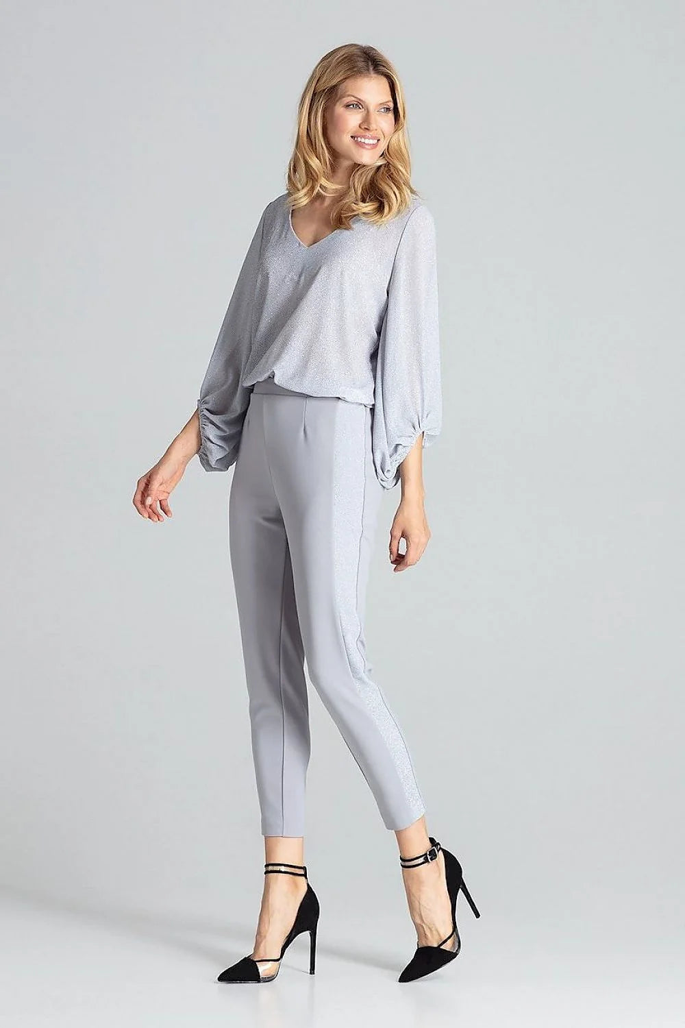 Pantalon femme noir brocart taille haute élasthanne polyester élégant fuselé semi-formel chic et confortable