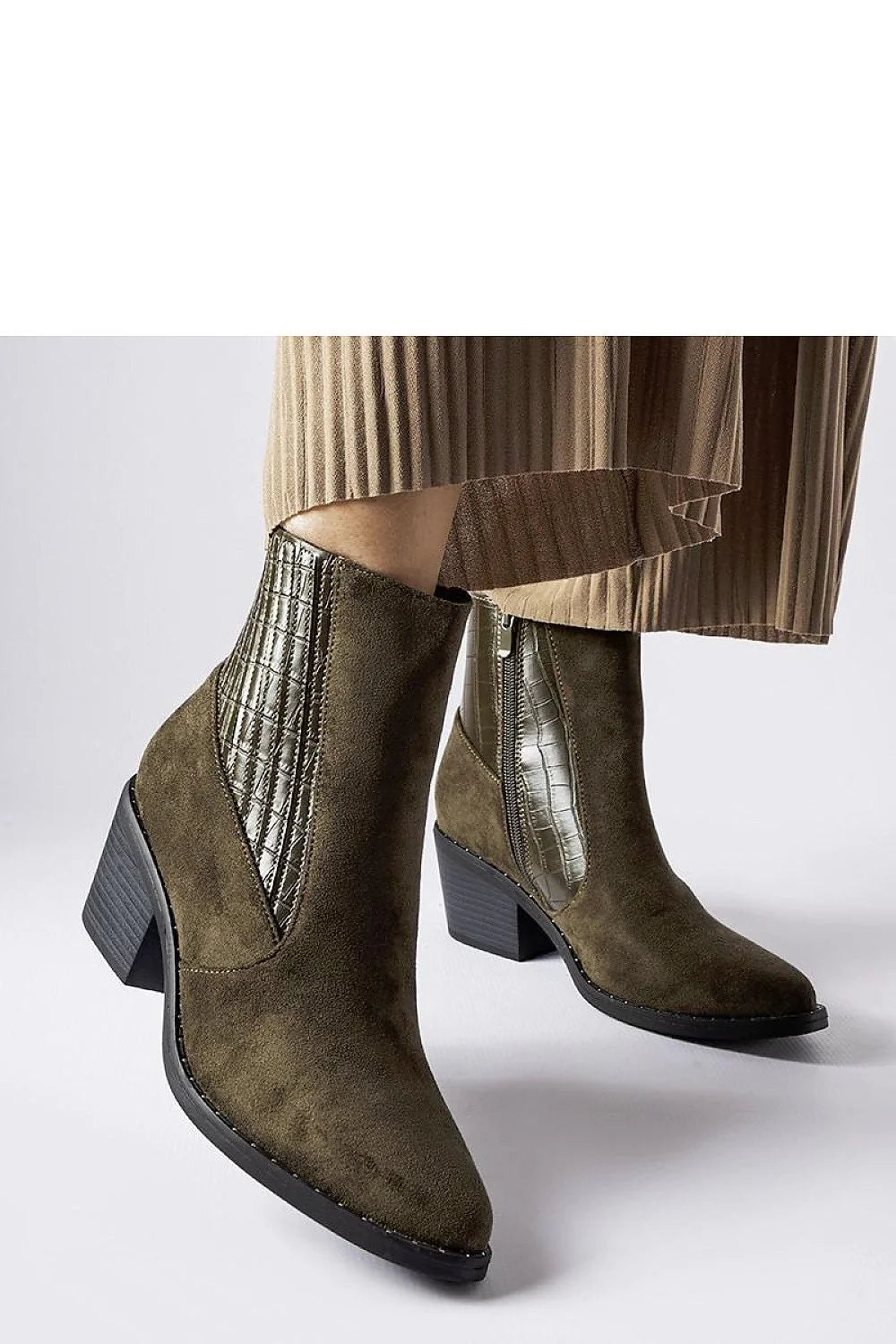 Bottines femmes design moderne élastique latéral motif carreaux vert olive talon stiletto suédine fermeture éclair occasion quotidienne robe pantalon