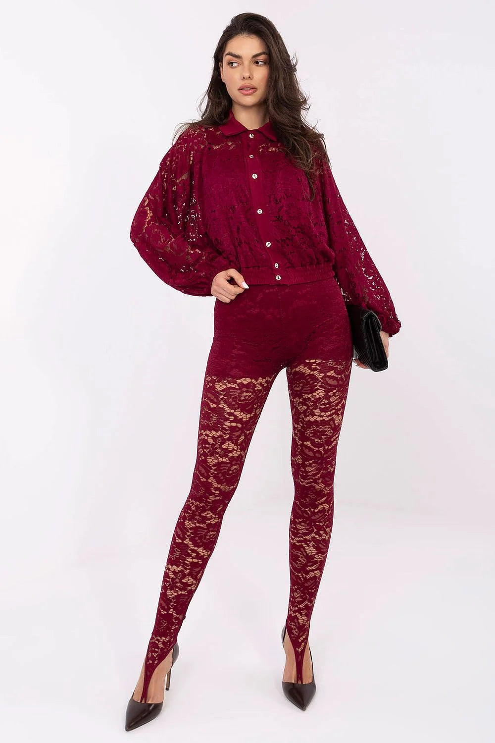 leggings dentelle ajourée taille haute bordeaux semi transparente doublure opacité ceinture élastique jambes fuselées fente cheville