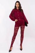 leggings dentelle ajourée taille haute bordeaux semi transparente doublure opacité ceinture élastique jambes fuselées fente cheville