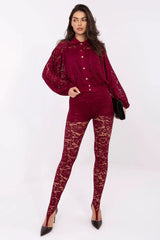 leggings dentelle ajourée taille haute bordeaux semi transparente doublure opacité ceinture élastique jambes fuselées fente cheville