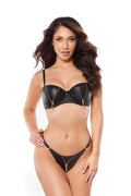 soutien gorge balconnet latex noir bonnets moulés armatures maintien sculptant zips dorés décoratifs bretelles réglables string taille basse