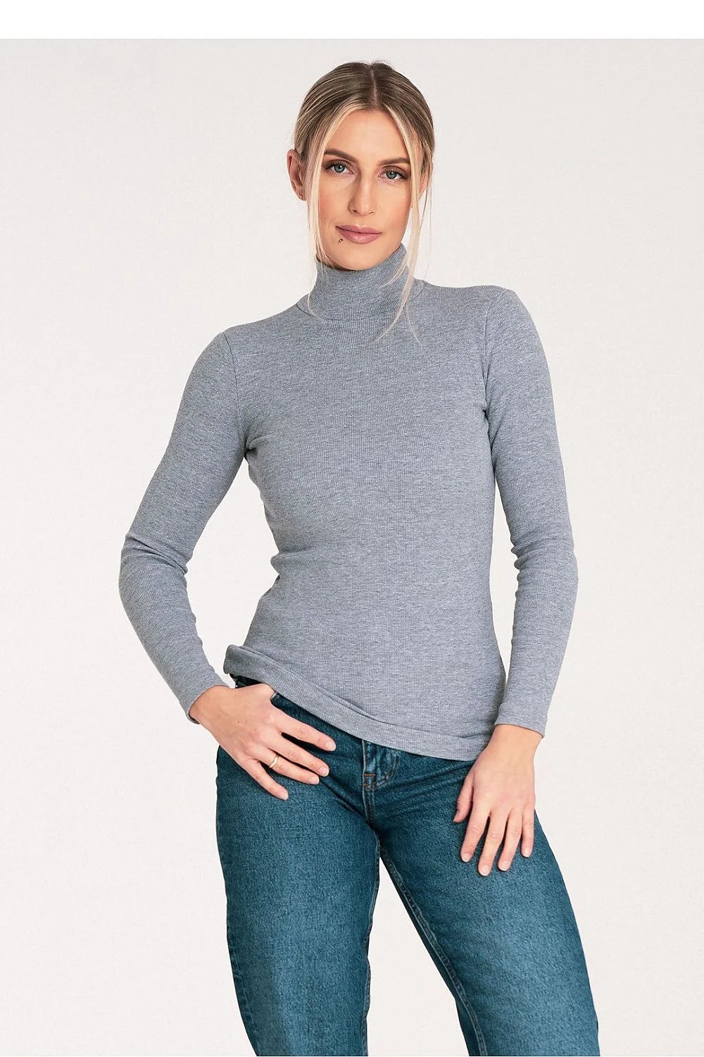 Pull à col roulé pour femme en coton élasthanne, style élégant, coupe ajustée, couleur grise, manches longues, vêtement polyvalent pour quotidien ou soirées