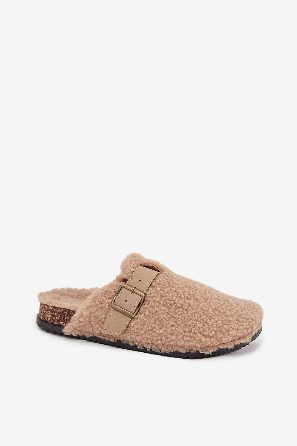 mules femme sabots fourrées sherpa beige teddy bout fermé dos ouvert bride réglable boucle métal rembourrée semelle crantée caoutchouc