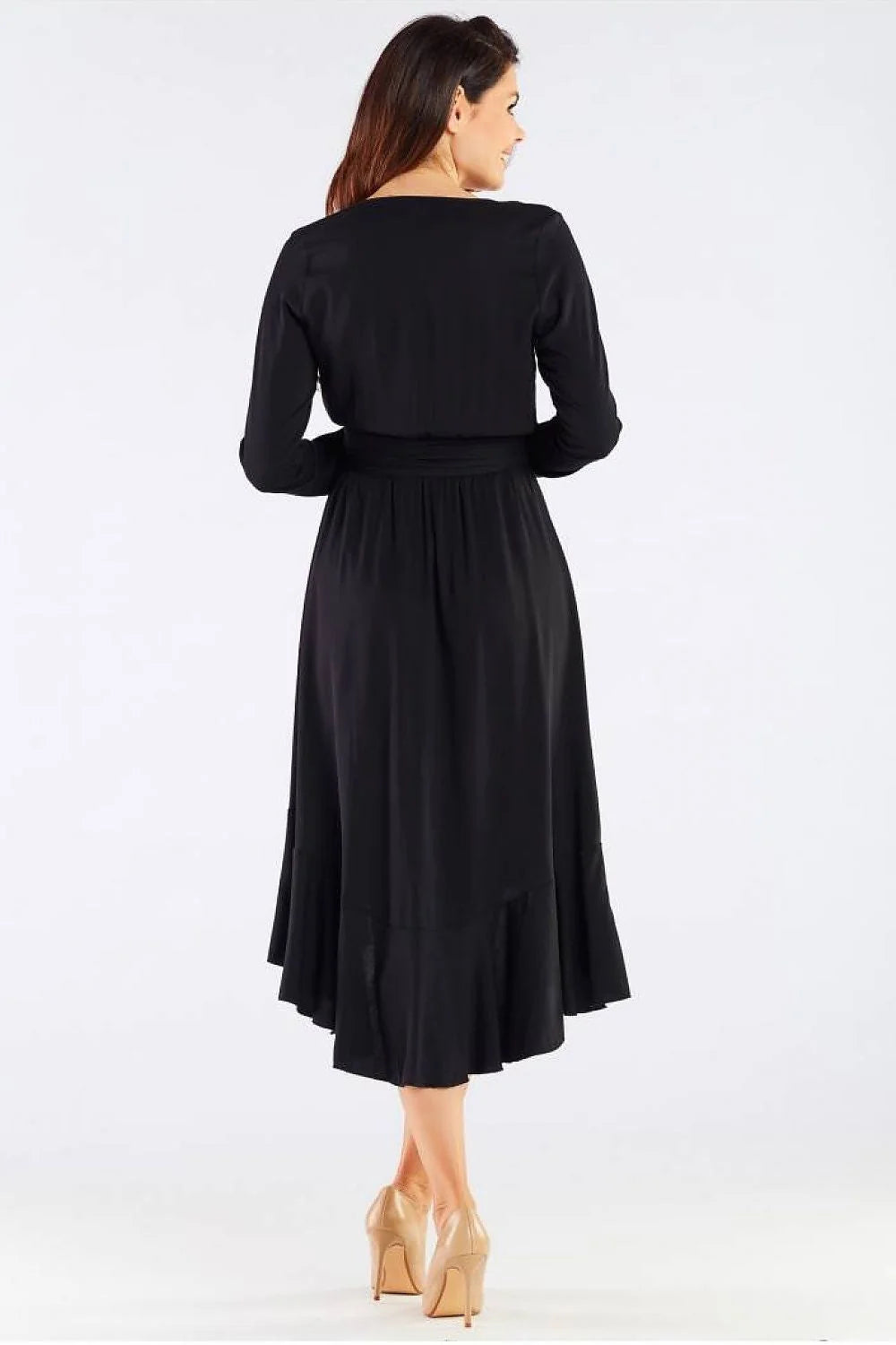 robe cocktail élégante viscose bordeaux portefeuille midi cintrée ceinture intégrée manches longues asymétrique volants cascade ourlet fluide léger