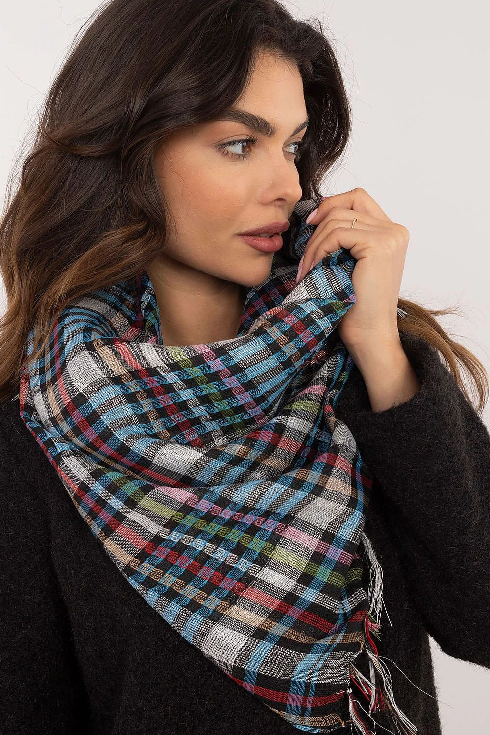 Foulard design multicolore à carreaux, en laine douce, pour femmes, occasion quotidienne et soirées, avec franges effilées, grande taille 100x100 cm
