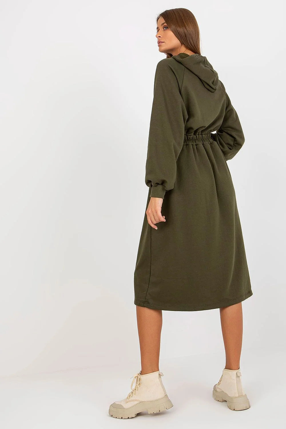 Robe de jour Relevance en coton et elasthanne, manches longues, capuche, boutons decoratifs, couleur verte, style casual, pour femme