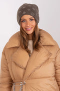bonnet hiver femme cachemire acrylique coton chaud doux élégant sophistiqué décontracté maille côtelée taupe strass géométriques
