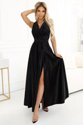 Robe longue élégante en satin noir sans manches fente haute taille cintrée pour femmes soirée