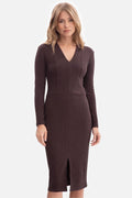 robe midi fourreau femme maille côtelée extensible chocolat col V profond manches longues cintrée taille marquée fente genou