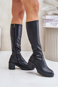 bottes montantes genou similicuir noir mat talon bloc moyen 6cm semelle crantée antidérapante fermeture éclair latérale coupe ajustée