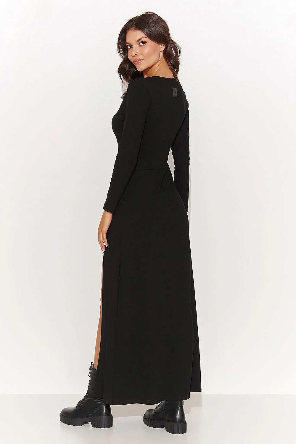 Robe de jour élégante longue manches longues encolure V double épaisseur fente profonde éco-cuir noir femmes