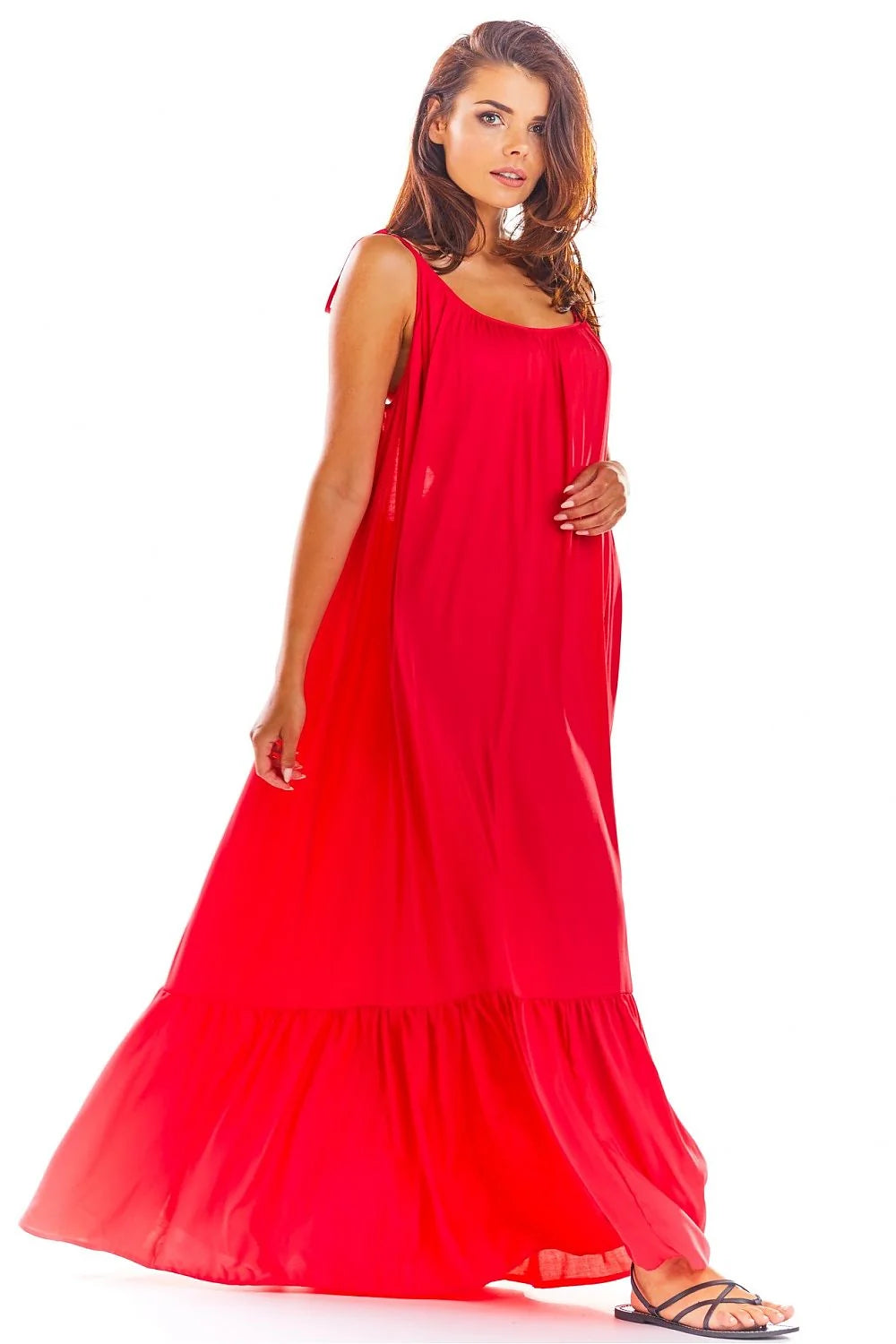 Robe longue AWAMA été 2023 coupe ample décolleté dos volant bas coloris rouge vif femmes viscose élasthanne