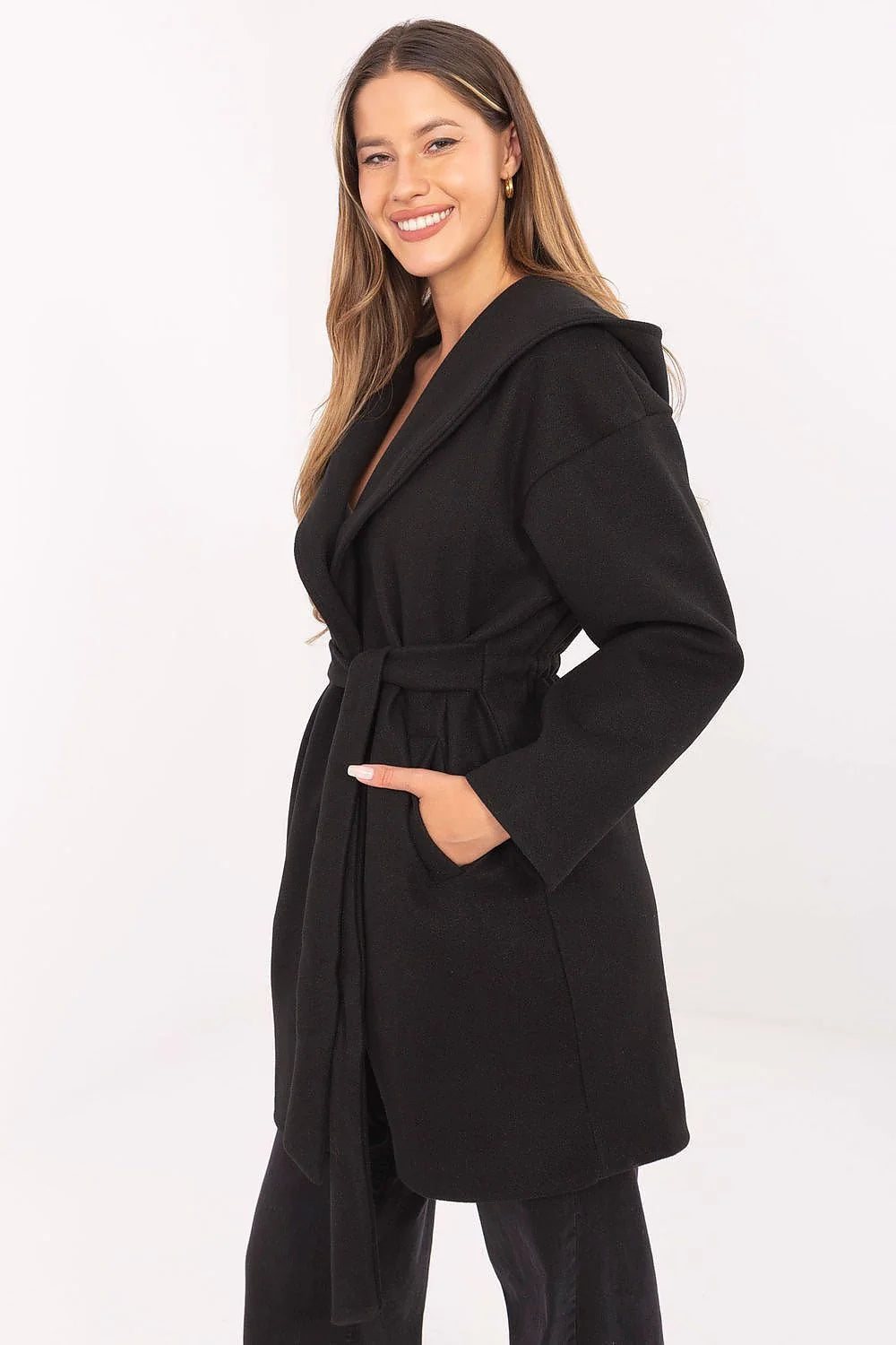 manteau femme ceinturé mi cuisses noir portefeuille oversize col châle capuche noué lainé laine mélangée manches longues poches fendues