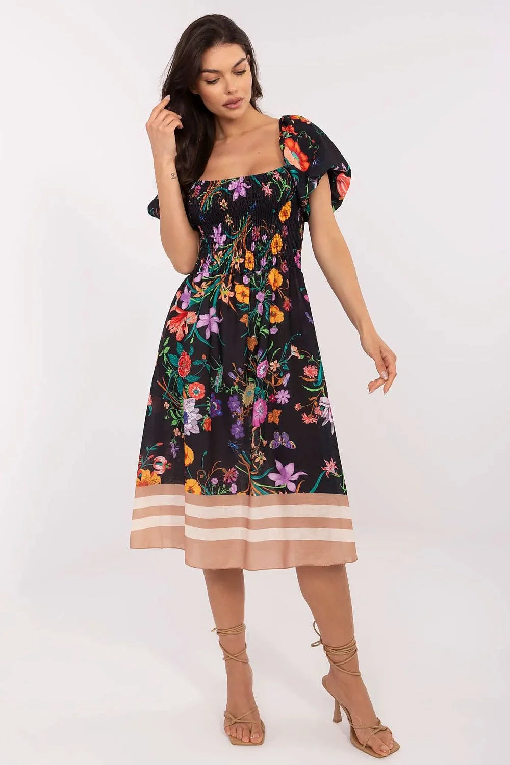 Robe midi florale élégante manches bouffantes encolure smockée tissu lin polyester femme été 2023