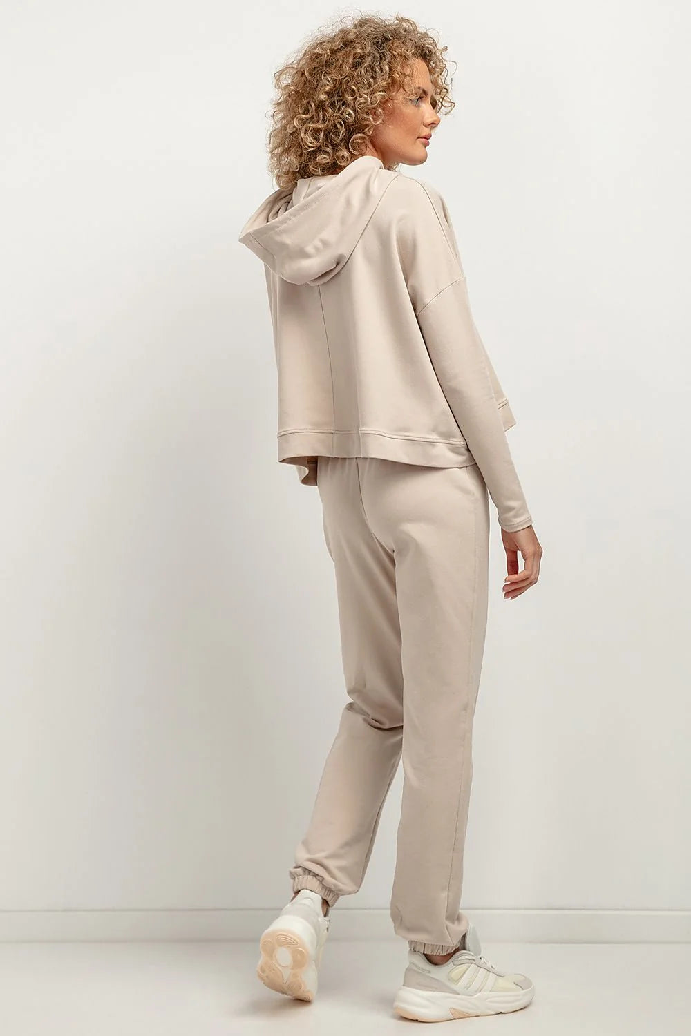 Ensemble survêtement femme sweat à capuche et pantalon jogging coupe ample élastique respirant coton polyester beige clair