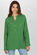 Chemisier Och Bella en coton vert vif col Mao manches longues poche texture gaufrée femme
