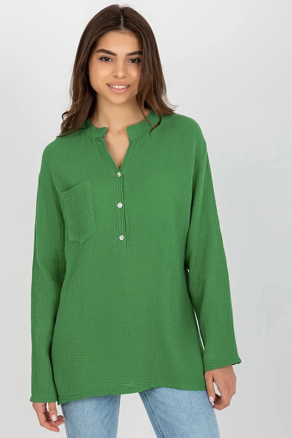 Chemisier Och Bella en coton vert vif col Mao manches longues poche texture gaufrée femme