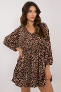 Robe de jour Italy Moda imprimé léopard mini évasée manches longues encolure V élastique taille poches femme polyester