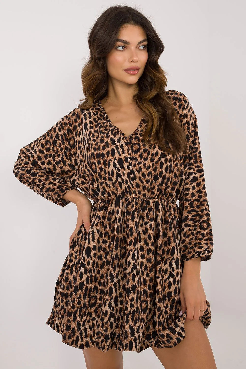Robe de jour Italy Moda imprimé léopard mini évasée manches longues encolure V élastique taille poches femme polyester