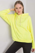 hoodie femme jaune fluo coton elasthanne molleton doux coupe ample épaules tombantes manches longues capuche doublée cordon blanc réglable