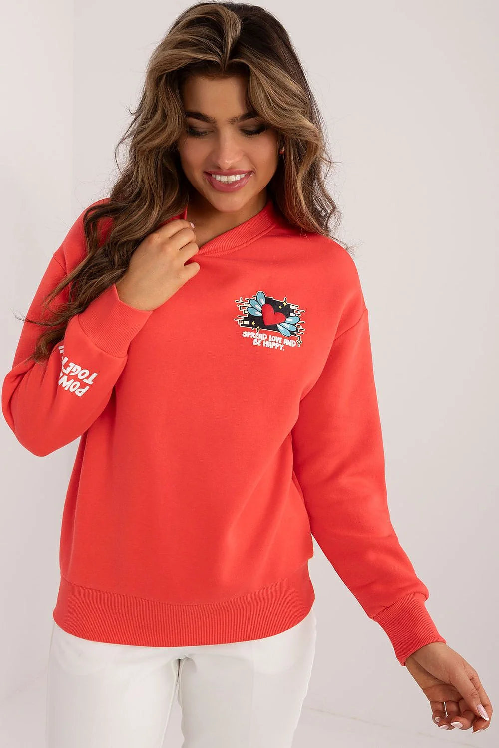 Sweatshirt pour femme rouge design graphique style casual coton polyester coupe ample manches longues