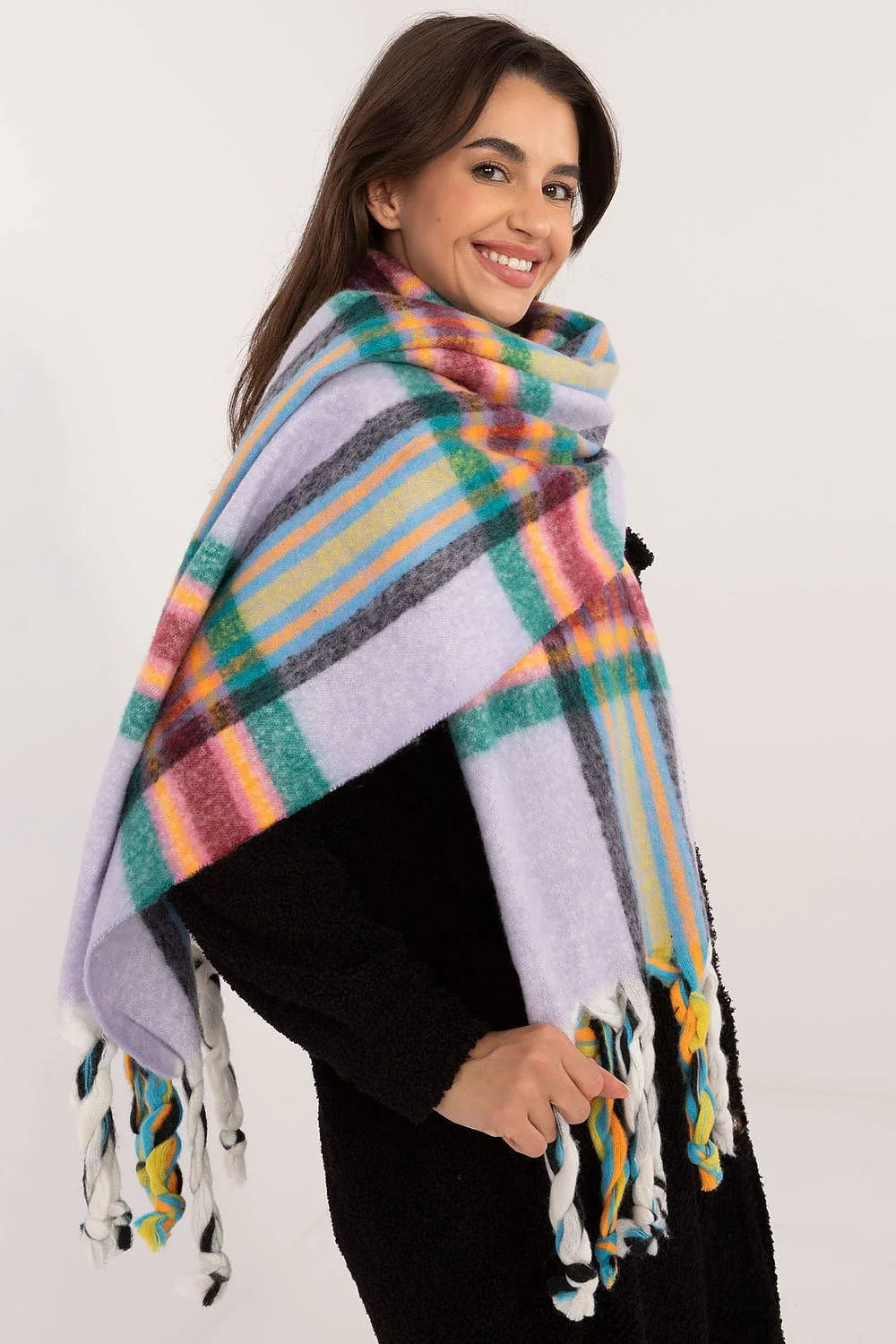 écharpe femme polyester carreaux multicolore franges torsadées oversize plaid lilas tartan brossée douce pelucheuse longue 182cm hivernale chic