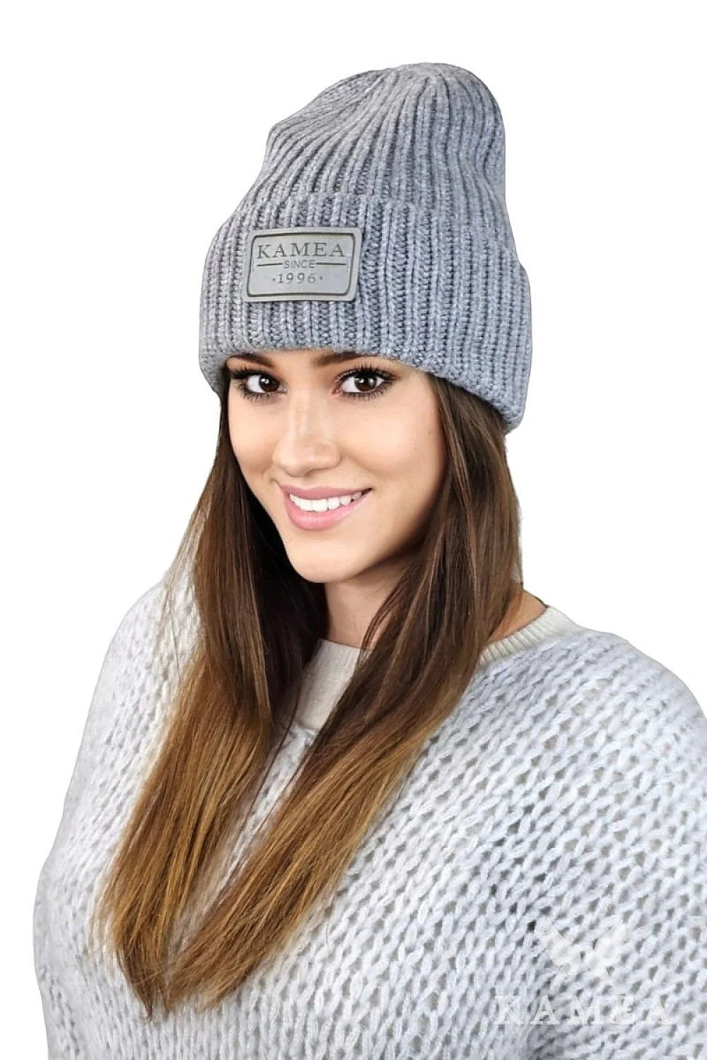 bonnet femme beanie maille côtelée gris clair cachemire mérinos tricot épais revers large écusson KAMEA slouchy extensible chaud