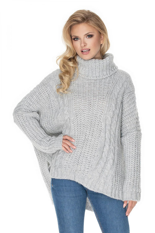 Pull oversize femme laine acrylique gris col roulé manches longues tendance automne-hiver confort élégant