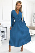 Robe de cocktail élégante Numoco style classique couleur bleu denim manches longues encolure V plongeant ceinture décorative polyester 100 % femmes