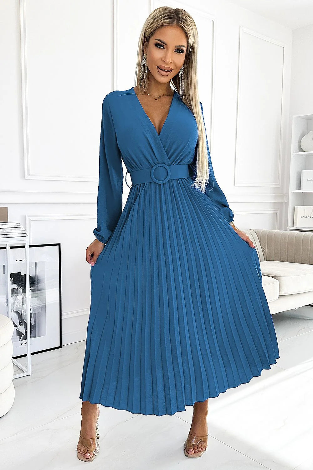 Robe de cocktail élégante Numoco style classique couleur bleu denim manches longues encolure V plongeant ceinture décorative polyester 100 % femmes