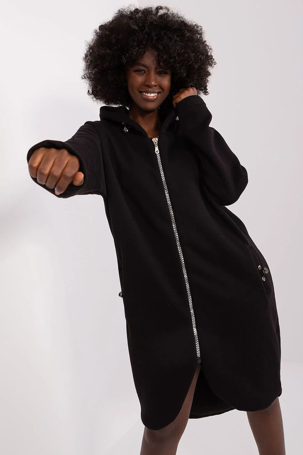 Robe longue à capuche en cotonstretch comfortable avec fermeture éclair noire pour femmes, style décontracté, poches latérales, qualité supérieure
