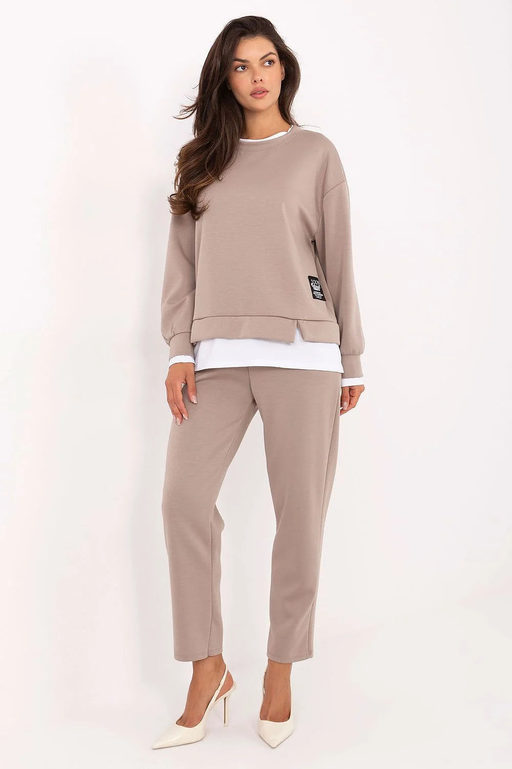 ensemble femme loungewear sweat oversize encolure ronde manches longues pantalon droit cheville taille haute lien poches taupe viscose élasthanne minimaliste