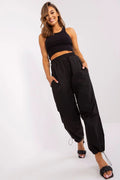 pantalon femme ample cargo taille haute coton polyester noir décontracté moderne jogger streetwear poches latérales cordon serrage chevilles élastiquées