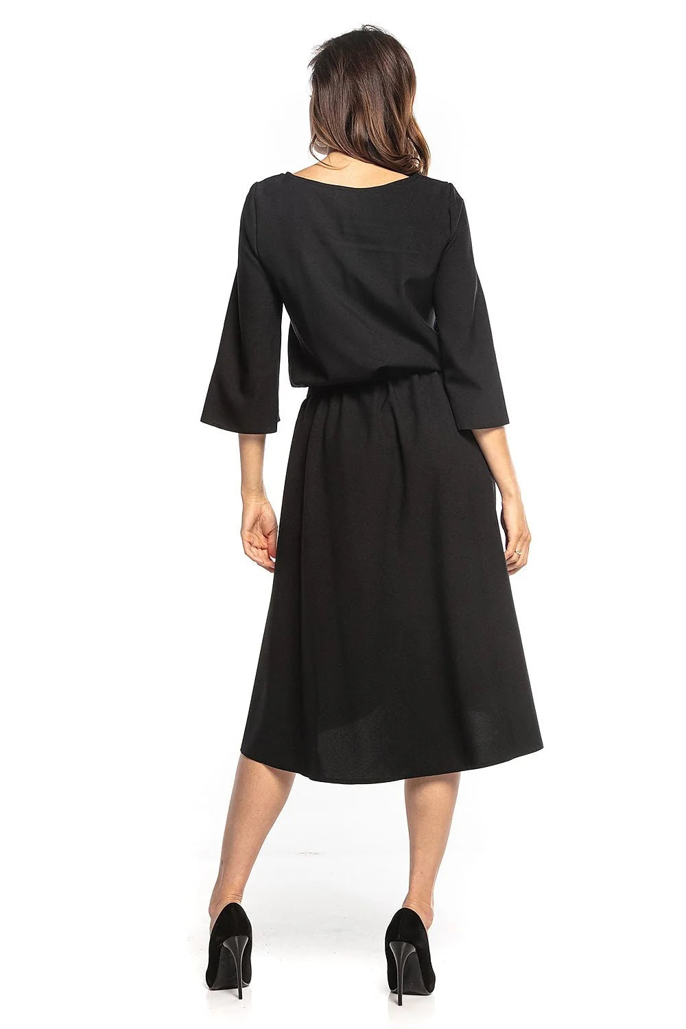 Robe élégante noire en polyester asymétrique pour femme avec ceinture à nouer manches 3/4
