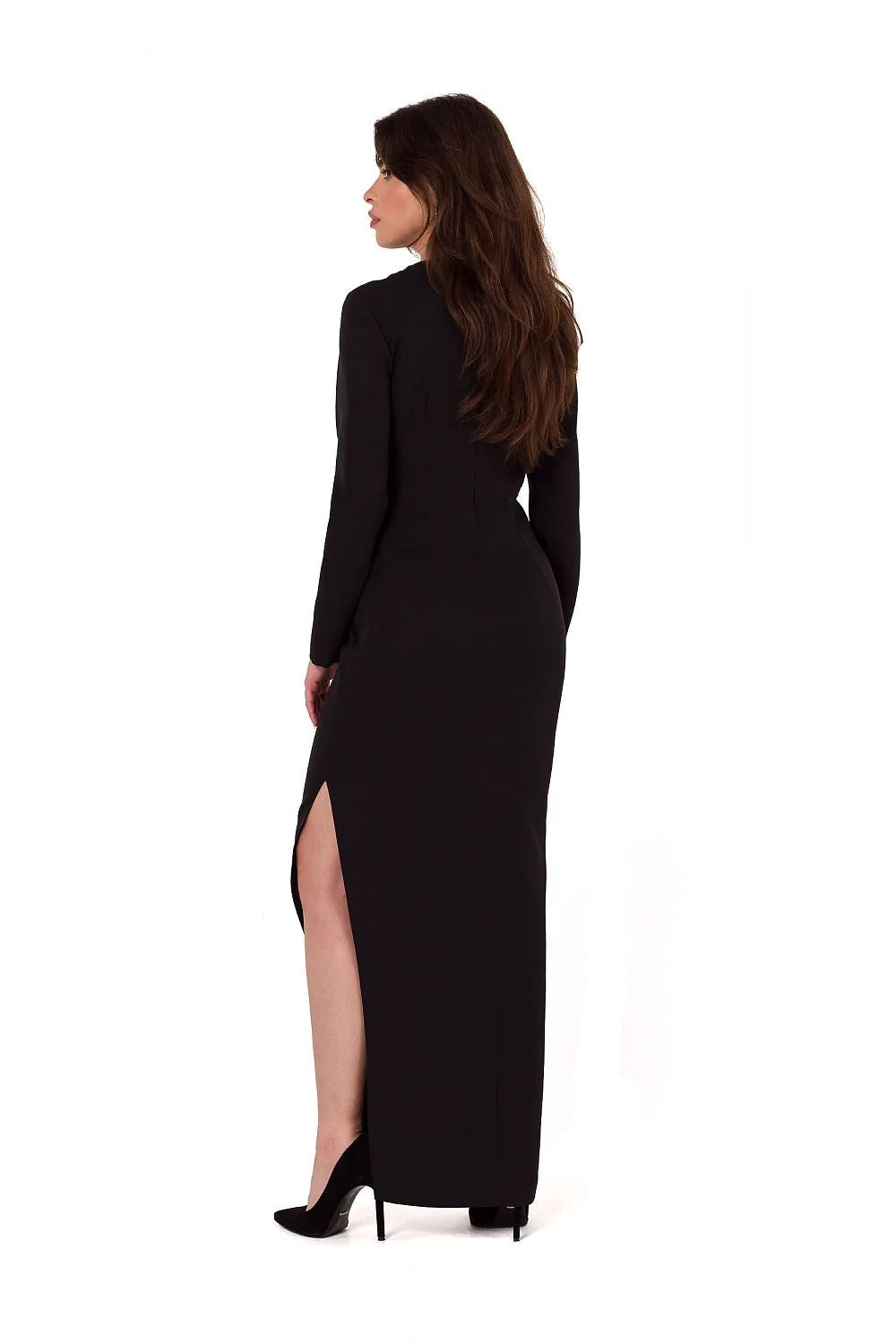 Robe de soirée Makover longue élégante noire détails dorés manches longues taille ajustée fente haute occasion spéciale femme