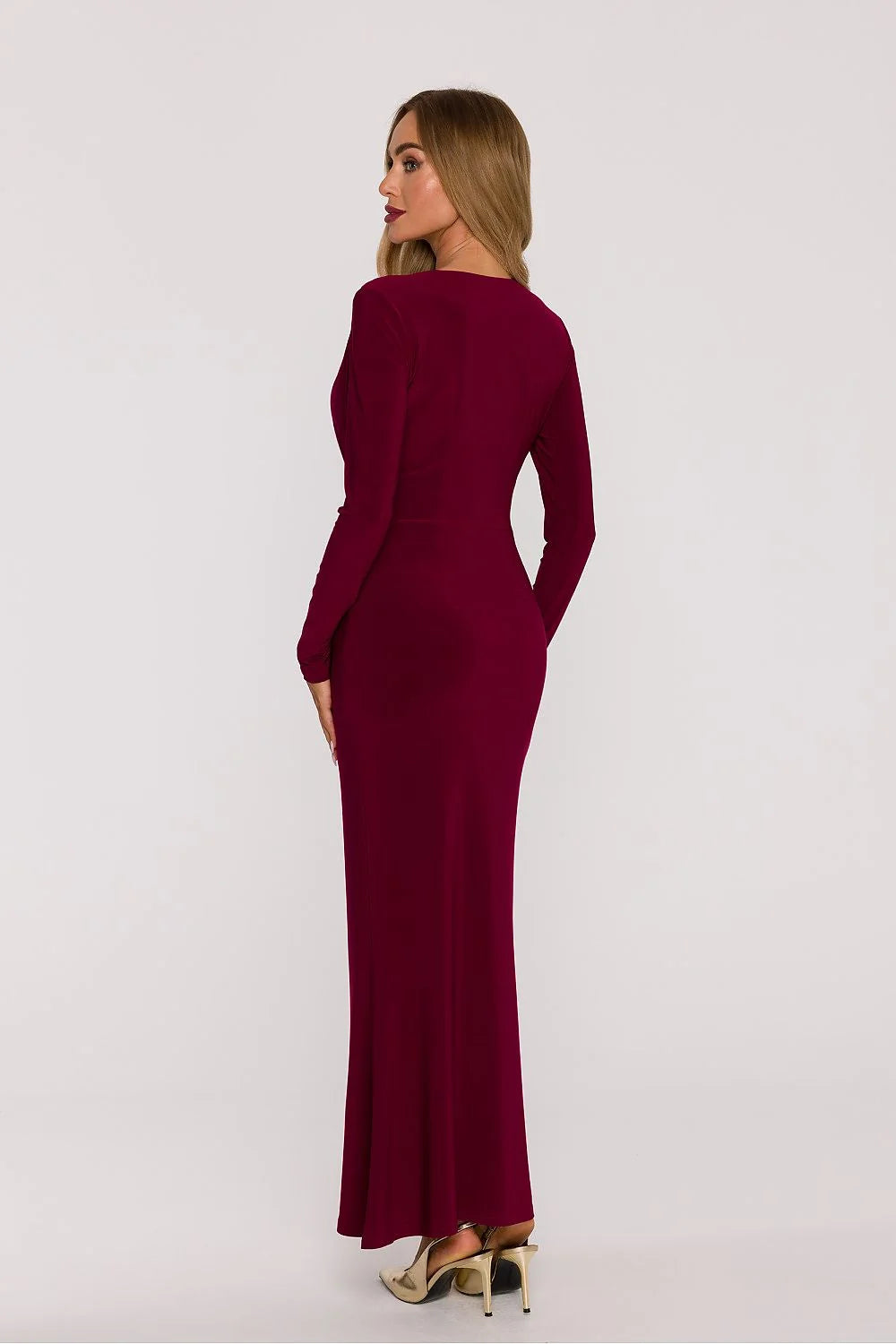 robe longue maxi élégante féminine fluide douce stretch gainante sirène bordeaux manches longues col V drapé taille ceinture amovible polonaise