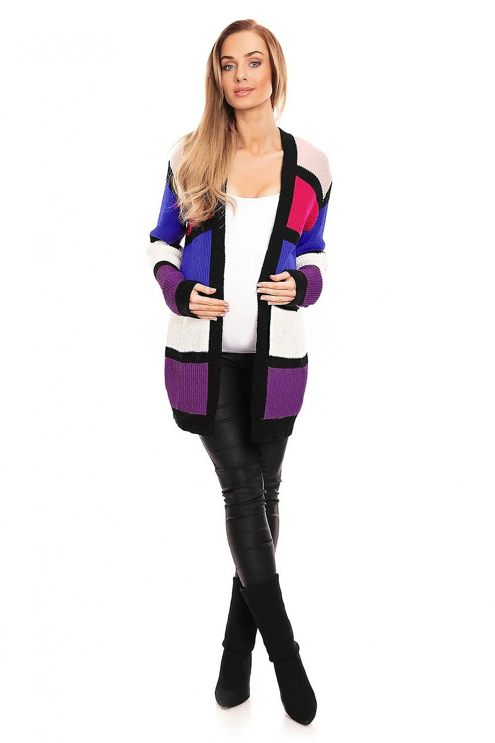 Cardigan audacieux pour femme, motifs géométriques, couleurs vives, manches longues, sans fermeture, maille épaisse, style moderne, confort optimal, idéal pour tous les jours